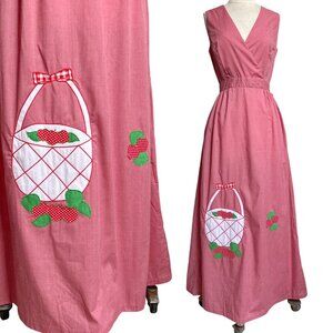 70s vintage strawberry patch dress sleeveless wrap maxi berry basket embroidery.